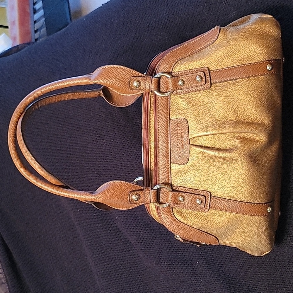 Tignanello leather satchel in brown. bronze & gold.